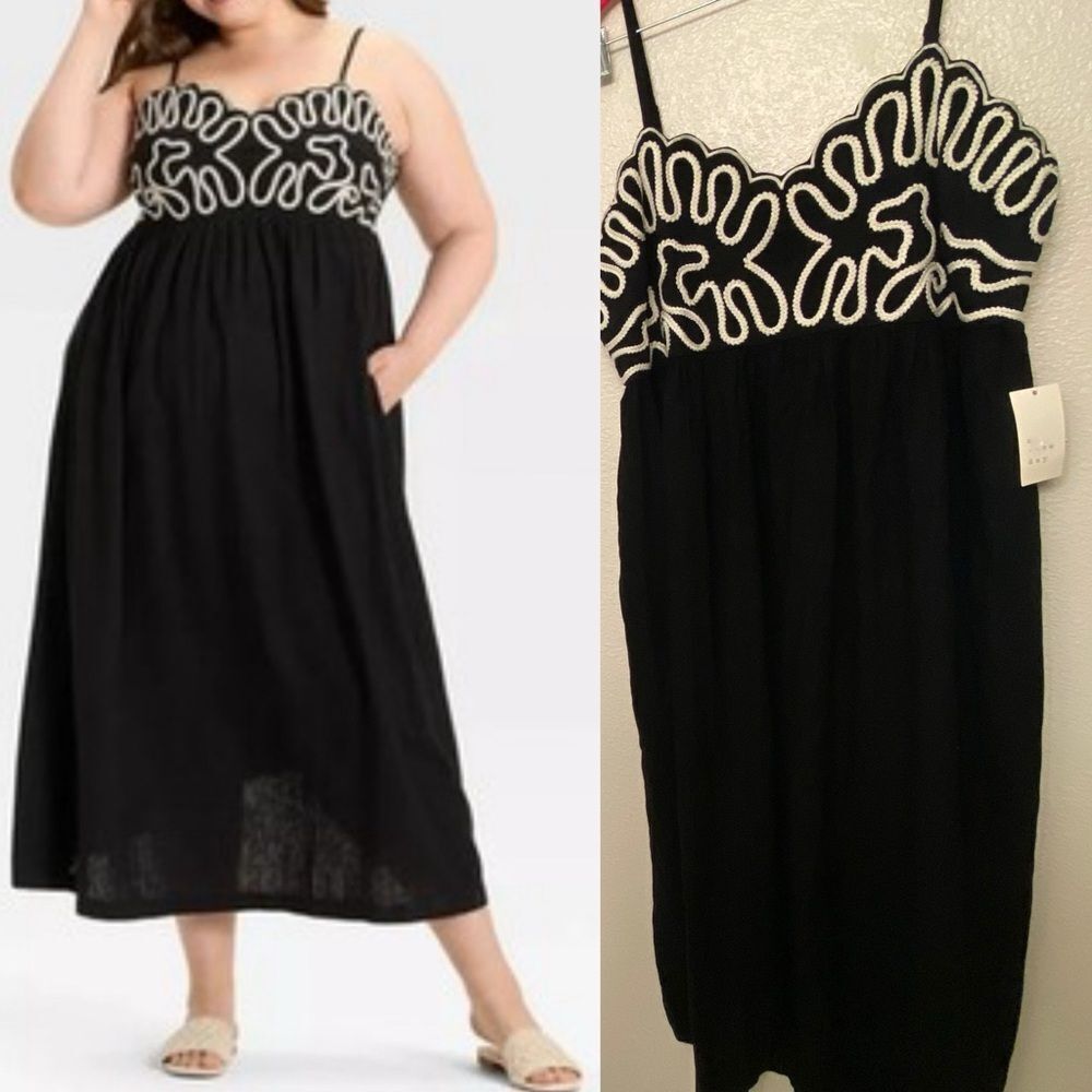 Embroidered Black white Linen Blend Maxi Dress White Crewel XXL Plus size NEW